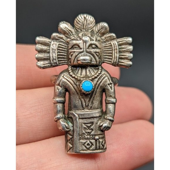 Sterling Silver Kachina Blue Turquoise Stone Vintage Ring Size 7 - Picture 4 of 9
